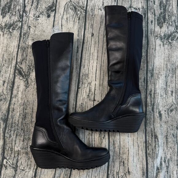 Fly London Black Leather Knee High Wedge Boots EU38/ US7-7.5 - Picture 2 of 12